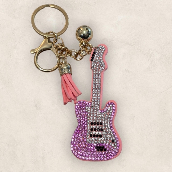 Charmed By SLG Accessories - Pink Rhinestone Guitar Bag Charm Keychain